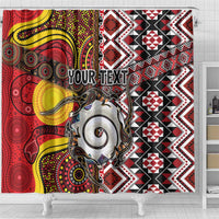 Personalised Aotearoa and Australia Together Shower Curtain Koru and Kangaroo - Taniko with Aboriginal Motif
