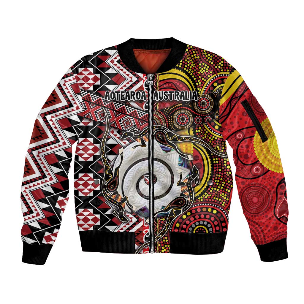 Personalised Aotearoa and Australia Together Sleeve Zip Bomber Jacket Koru and Kangaroo - Taniko with Aboriginal Motif