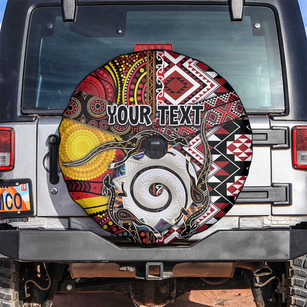 Personalised Aotearoa and Australia Together Spare Tire Cover Koru and Kangaroo - Taniko with Aboriginal Motif