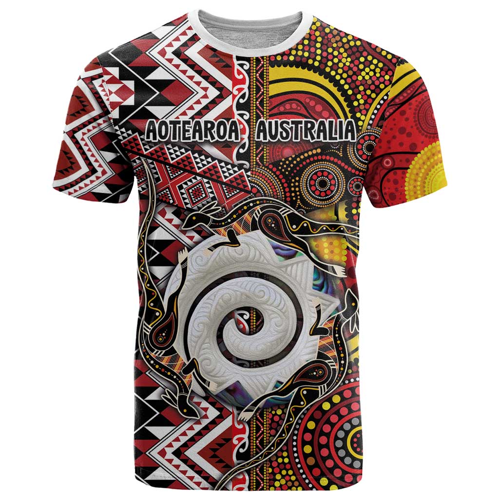 Personalised Aotearoa and Australia Together T Shirt Koru and Kangaroo - Taniko with Aboriginal Motif