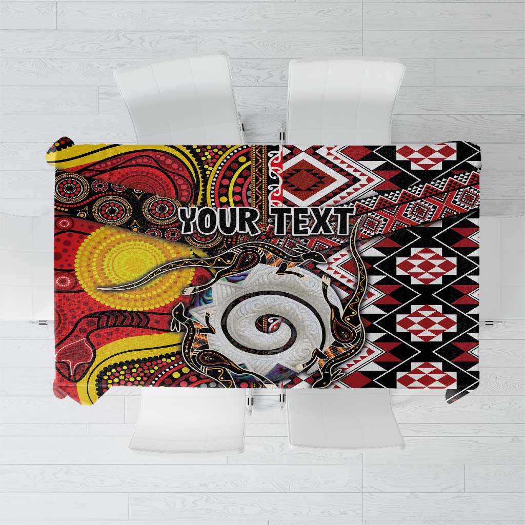 Personalised Aotearoa and Australia Together Tablecloth Koru and Kangaroo - Taniko with Aboriginal Motif LT03 Black - Polynesian Pride