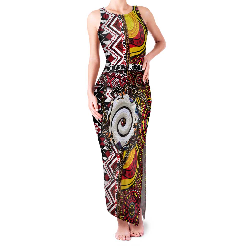Personalised Aotearoa and Australia Together Tank Maxi Dress Koru and Kangaroo - Taniko with Aboriginal Motif LT03 Women Black - Polynesian Pride