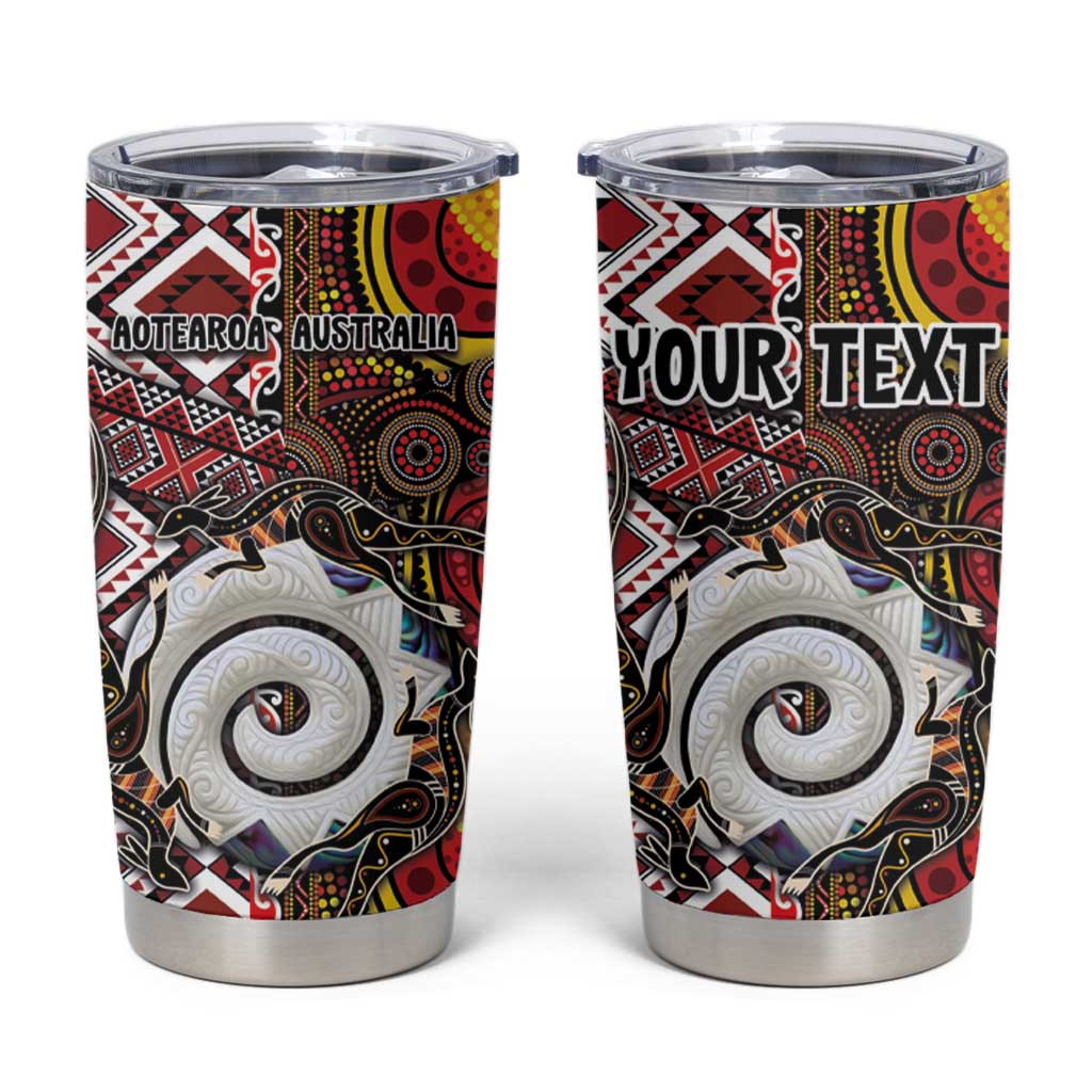 Personalised Aotearoa and Australia Together Tumbler Cup Koru and Kangaroo - Taniko with Aboriginal Motif LT03 Black - Polynesian Pride