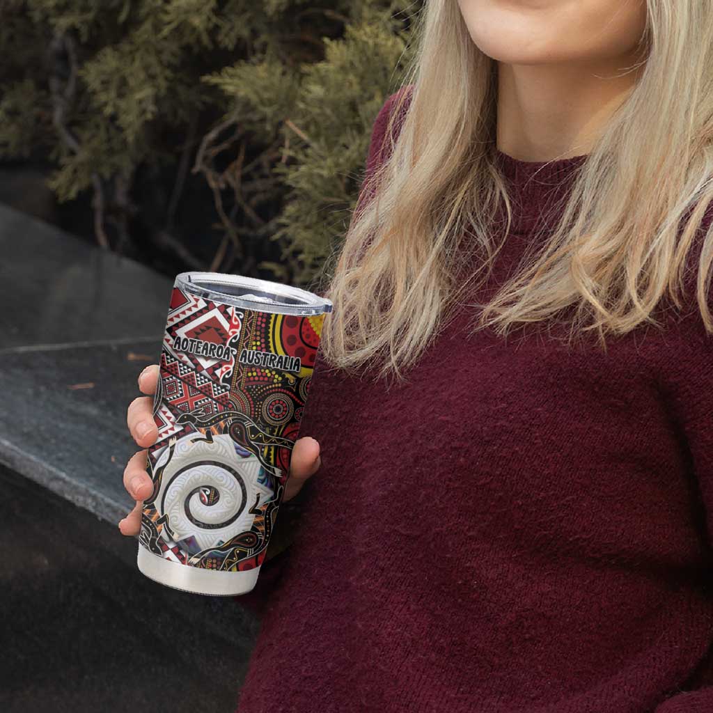 Personalised Aotearoa and Australia Together Tumbler Cup Koru and Kangaroo - Taniko with Aboriginal Motif LT03 - Polynesian Pride