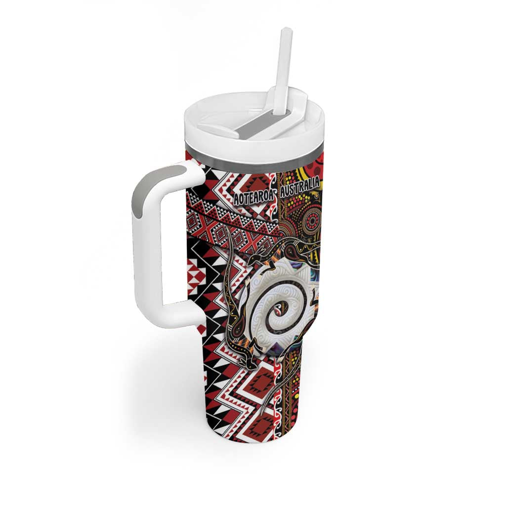 Personalised Aotearoa and Australia Together Tumbler With Handle Koru and Kangaroo - Taniko with Aboriginal Motif LT03 - Polynesian Pride