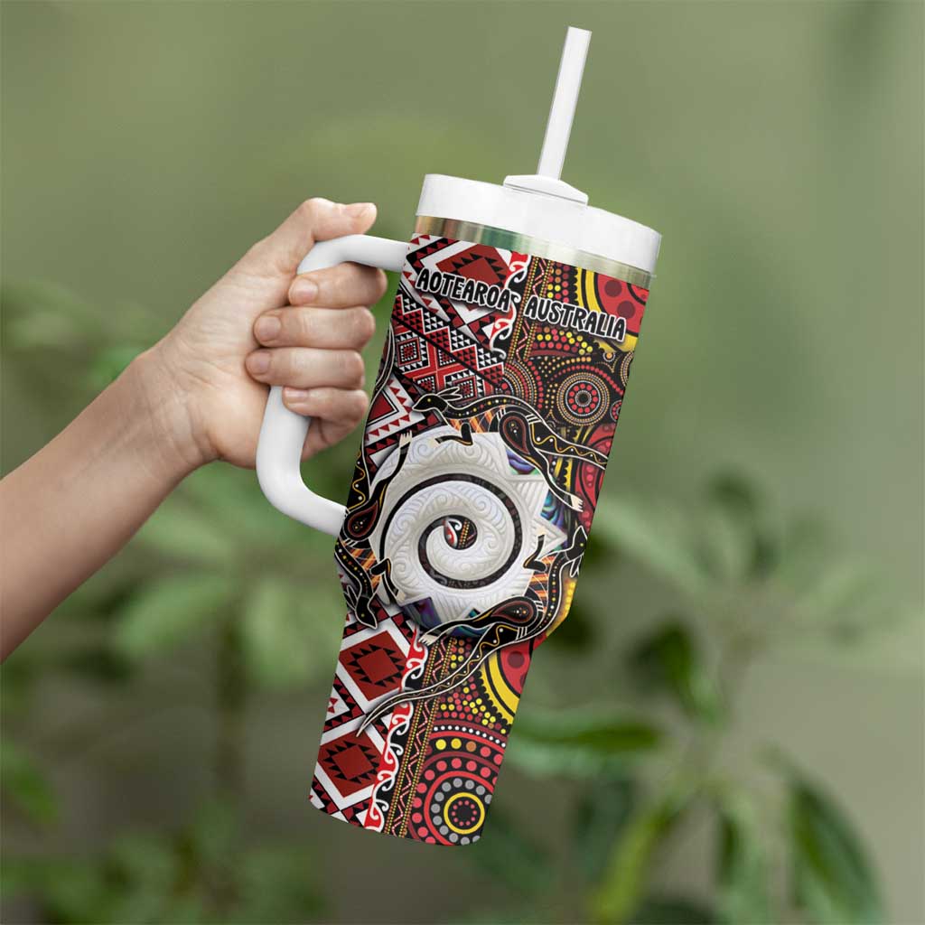 Personalised Aotearoa and Australia Together Tumbler With Handle Koru and Kangaroo - Taniko with Aboriginal Motif LT03 - Polynesian Pride