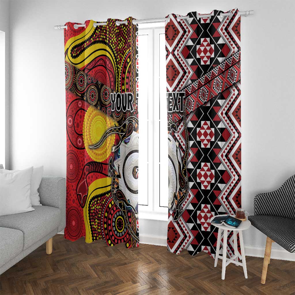 Personalised Aotearoa and Australia Together Window Curtain Koru and Kangaroo - Taniko with Aboriginal Motif LT03 With Grommets Black - Polynesian Pride