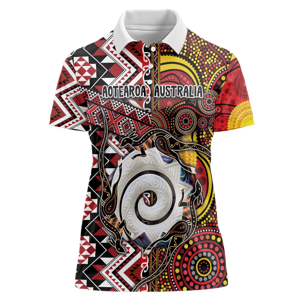 Personalised Aotearoa and Australia Together Women Polo Shirt Koru and Kangaroo - Taniko with Aboriginal Motif