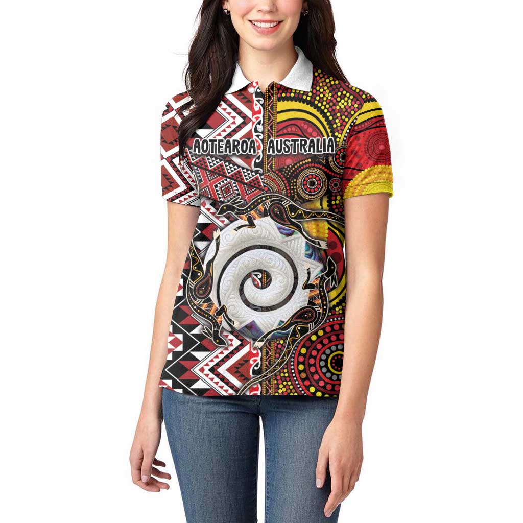 Personalised Aotearoa and Australia Together Women Polo Shirt Koru and Kangaroo - Taniko with Aboriginal Motif