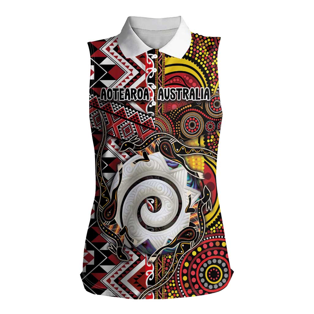 Personalised Aotearoa and Australia Together Women Sleeveless Polo Shirt Koru and Kangaroo - Taniko with Aboriginal Motif