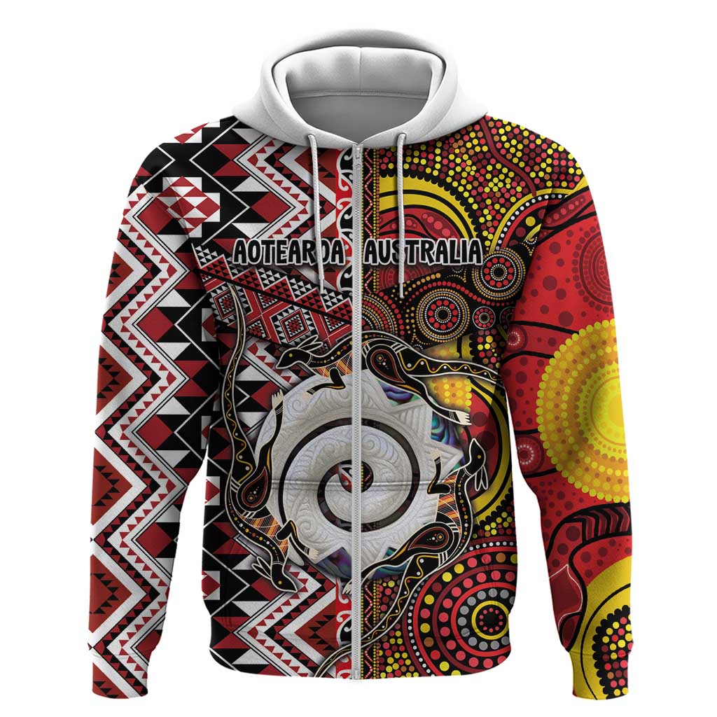 Personalised Aotearoa and Australia Together Zip Hoodie Koru and Kangaroo - Taniko with Aboriginal Motif