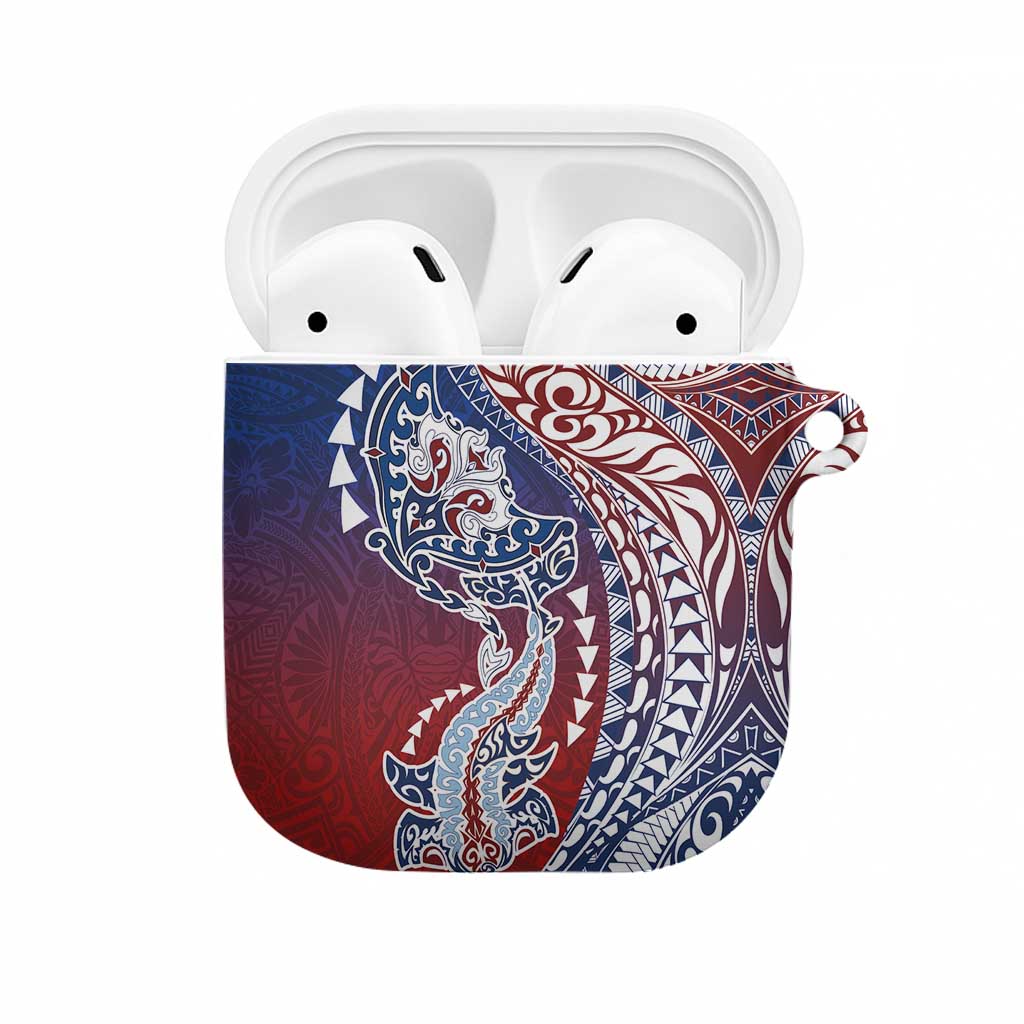 Hawaiian Manta Ray and Hammerhead Shark Tribal Tattoo AirPods Case with Polynesian Tribal Pattern Hawaii Flag Color