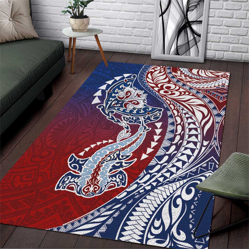 Hawaiian Manta Ray and Hammerhead Shark Tribal Tattoo Area Rug with Polynesian Tribal Pattern Hawaii Flag Color