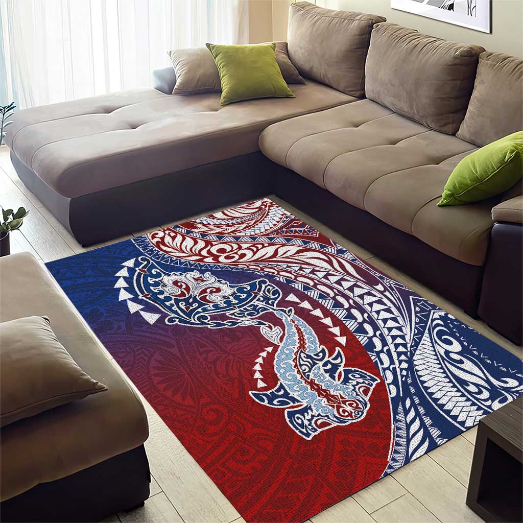 Hawaiian Manta Ray and Hammerhead Shark Tribal Tattoo Area Rug with Polynesian Tribal Pattern Hawaii Flag Color