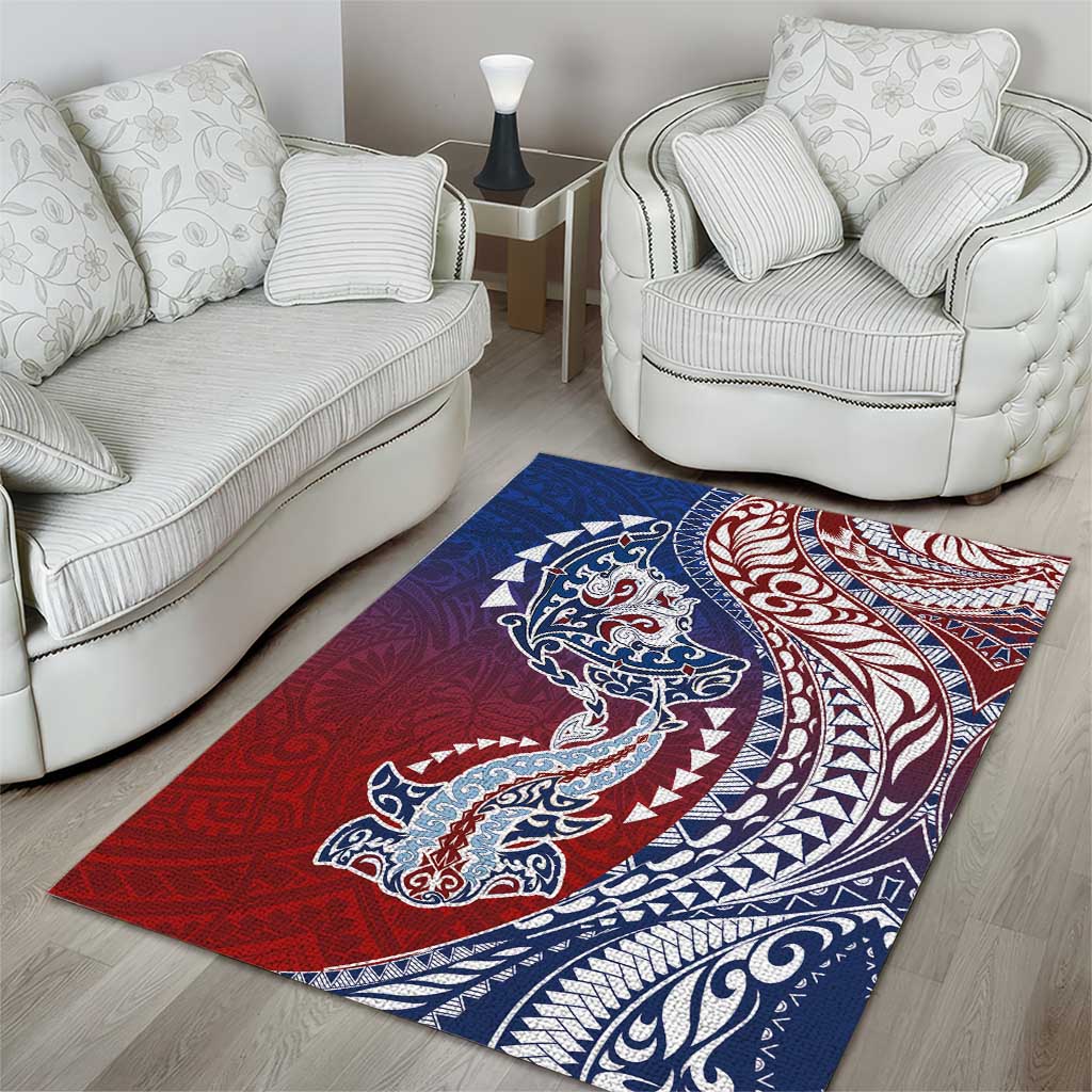 Hawaiian Manta Ray and Hammerhead Shark Tribal Tattoo Area Rug with Polynesian Tribal Pattern Hawaii Flag Color