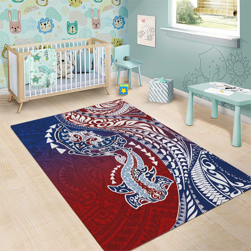 Hawaiian Manta Ray and Hammerhead Shark Tribal Tattoo Area Rug with Polynesian Tribal Pattern Hawaii Flag Color