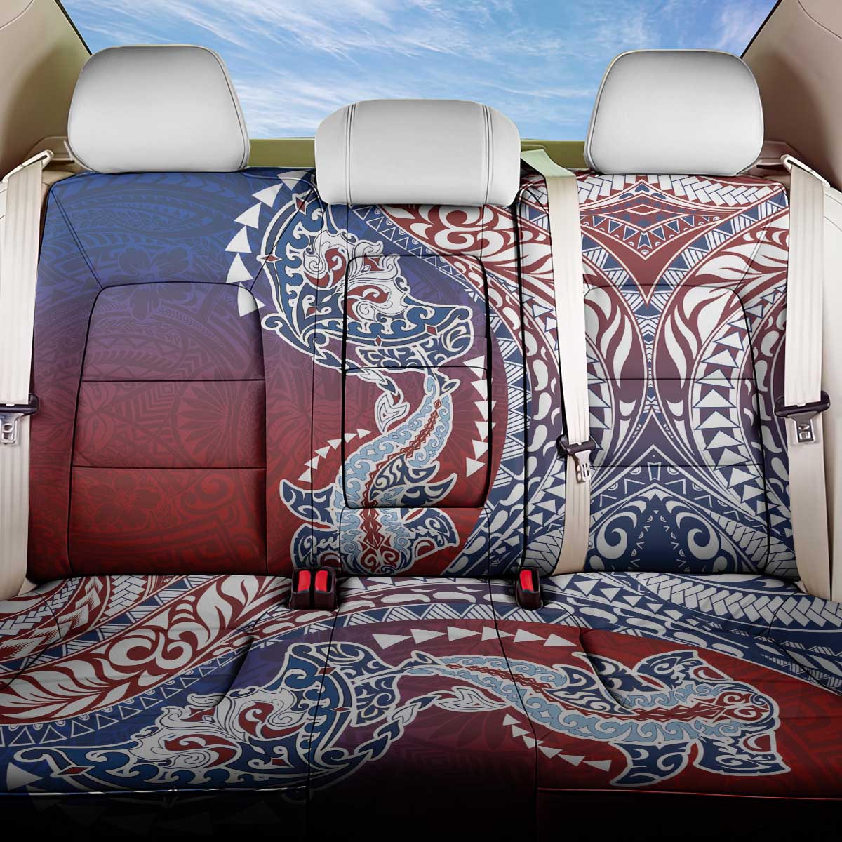 Hawaiian Manta Ray and Hammerhead Shark Tribal Tattoo Back Car Seat Cover with Polynesian Tribal Pattern Hawaii Flag Color