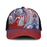 Hawaiian Manta Ray and Hammerhead Shark Tribal Tattoo Baseball Net Cap with Polynesian Tribal Pattern Hawaii Flag Color
