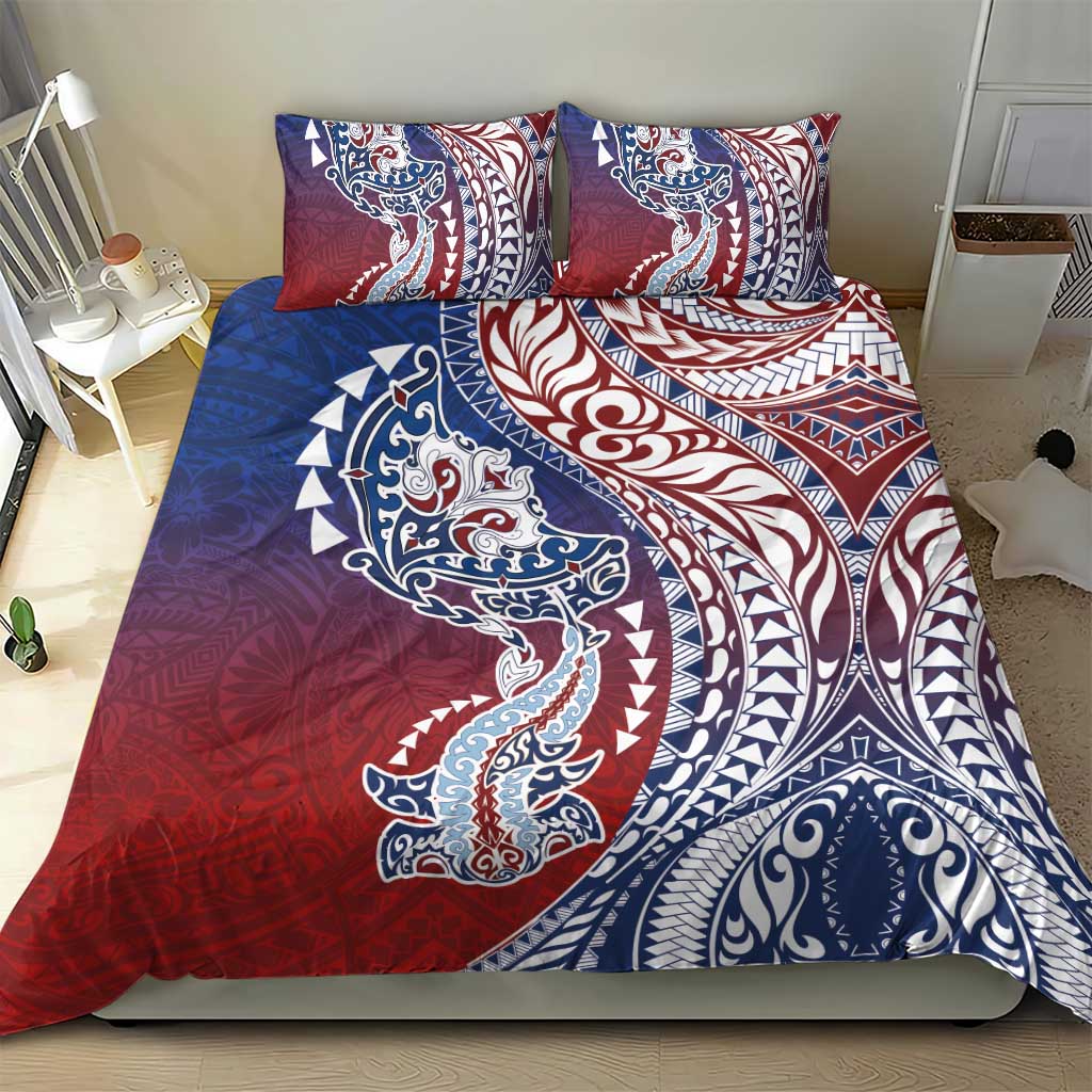 Hawaiian Manta Ray and Hammerhead Shark Tribal Tattoo Bedding Set with Polynesian Tribal Pattern Hawaii Flag Color