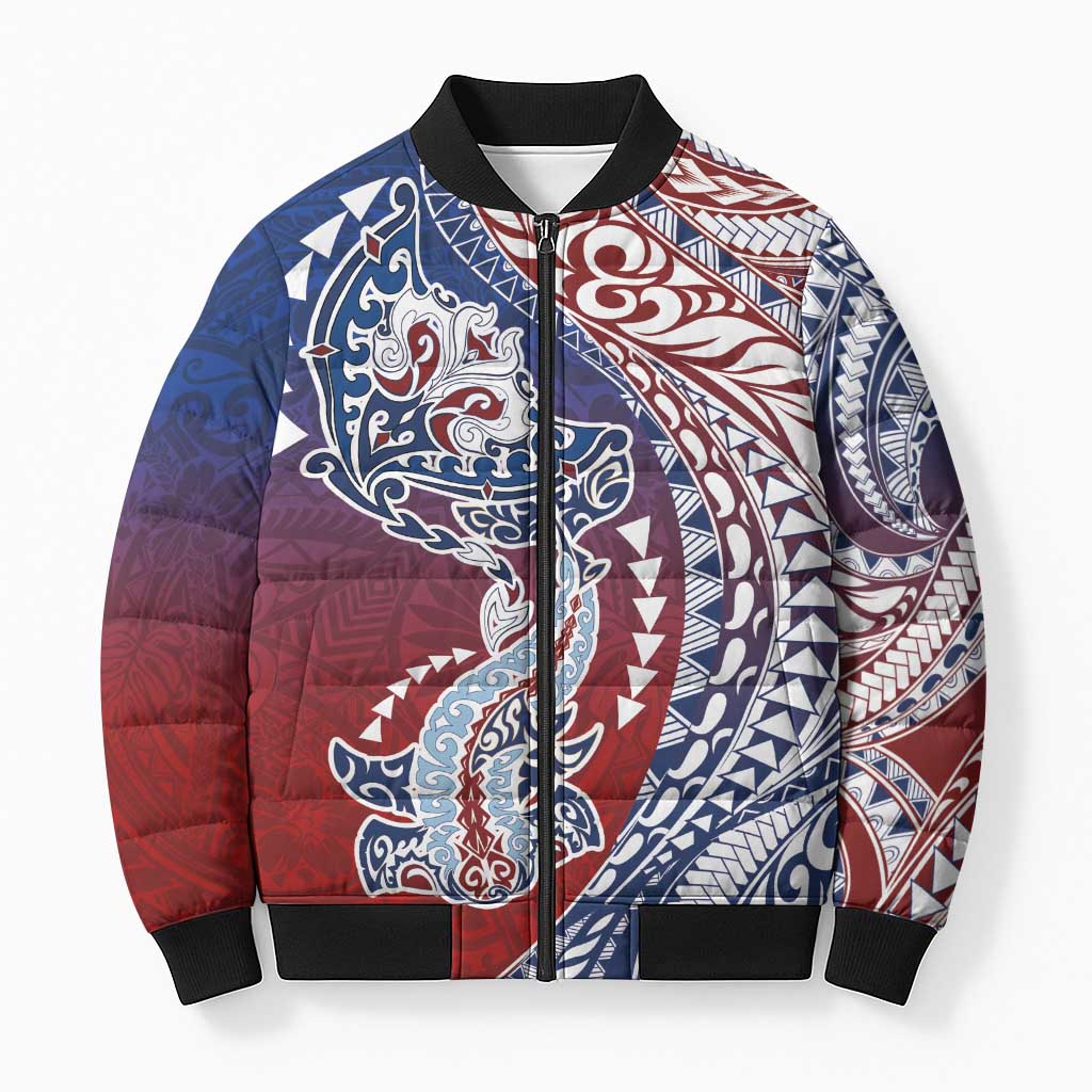 Hawaiian Manta Ray and Hammerhead Shark Tribal Tattoo Bomber Puffer Jacket with Polynesian Tribal Pattern Hawaii Flag Color LT03 Unisex Multicolor - Polynesian Pride