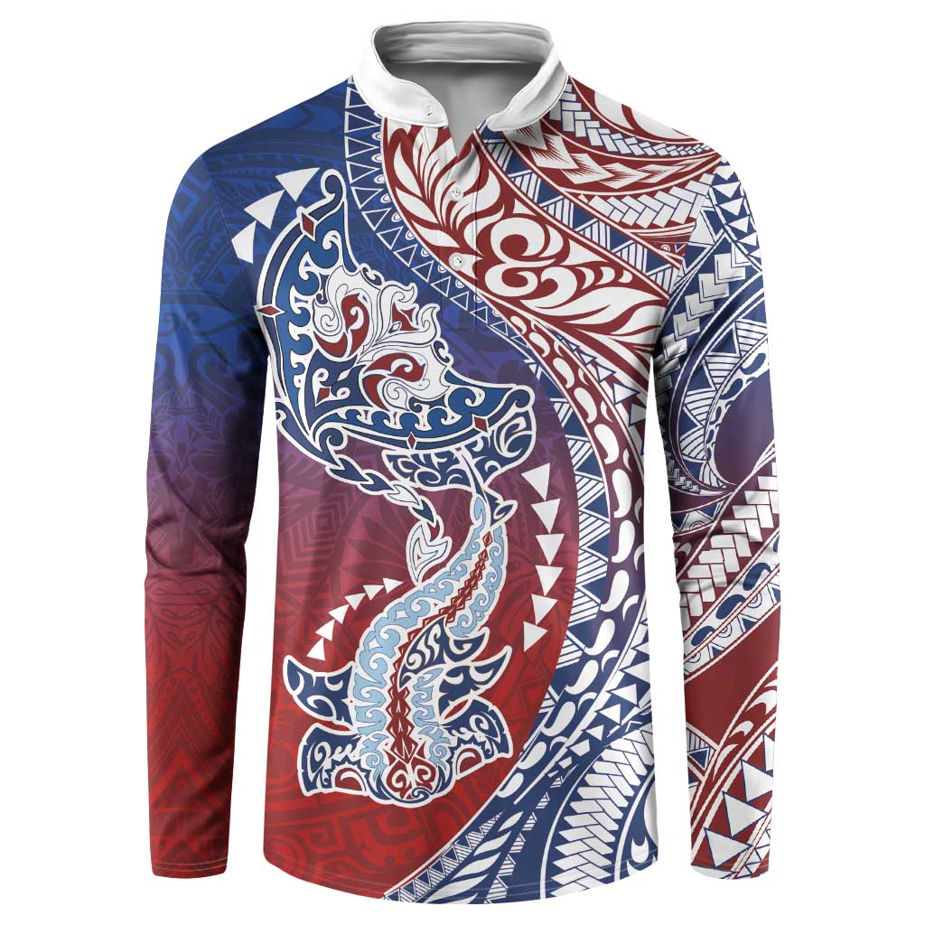 Hawaiian Manta Ray and Hammerhead Shark Tribal Tattoo Button Sweatshirt with Polynesian Tribal Pattern Hawaii Flag Color LT03 Multicolor - Polynesian Pride