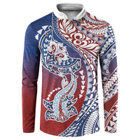 Hawaiian Manta Ray and Hammerhead Shark Tribal Tattoo Button Sweatshirt with Polynesian Tribal Pattern Hawaii Flag Color LT03 Multicolor - Polynesian Pride