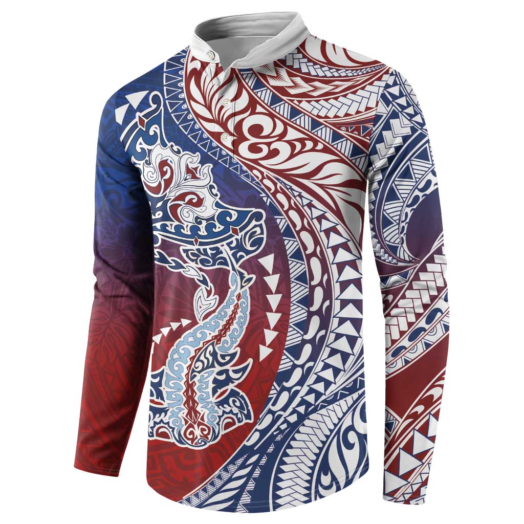 Hawaiian Manta Ray and Hammerhead Shark Tribal Tattoo Button Sweatshirt with Polynesian Tribal Pattern Hawaii Flag Color LT03 - Polynesian Pride