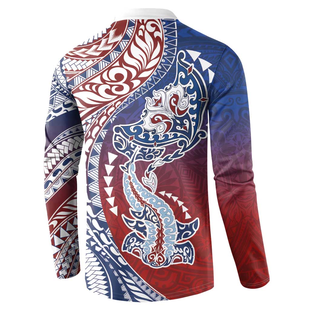 Hawaiian Manta Ray and Hammerhead Shark Tribal Tattoo Button Sweatshirt with Polynesian Tribal Pattern Hawaii Flag Color LT03 - Polynesian Pride