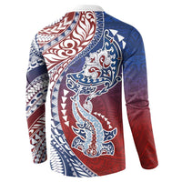 Hawaiian Manta Ray and Hammerhead Shark Tribal Tattoo Button Sweatshirt with Polynesian Tribal Pattern Hawaii Flag Color LT03 - Polynesian Pride
