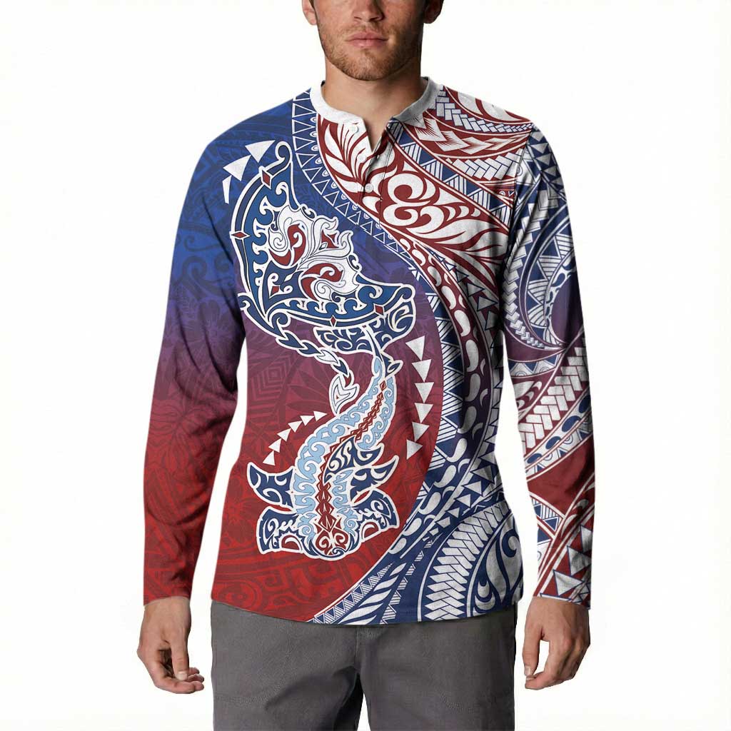 Hawaiian Manta Ray and Hammerhead Shark Tribal Tattoo Button Sweatshirt with Polynesian Tribal Pattern Hawaii Flag Color LT03 - Polynesian Pride
