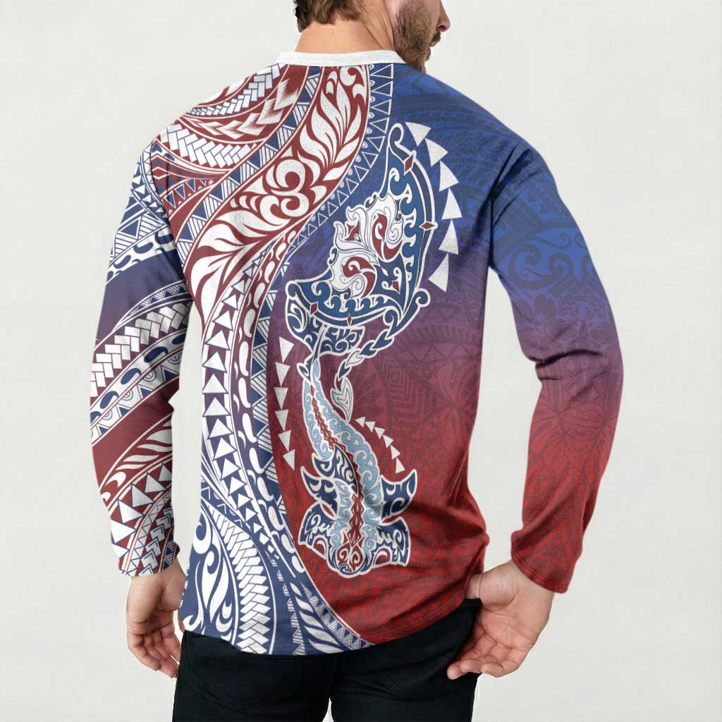 Hawaiian Manta Ray and Hammerhead Shark Tribal Tattoo Button Sweatshirt with Polynesian Tribal Pattern Hawaii Flag Color LT03 - Polynesian Pride