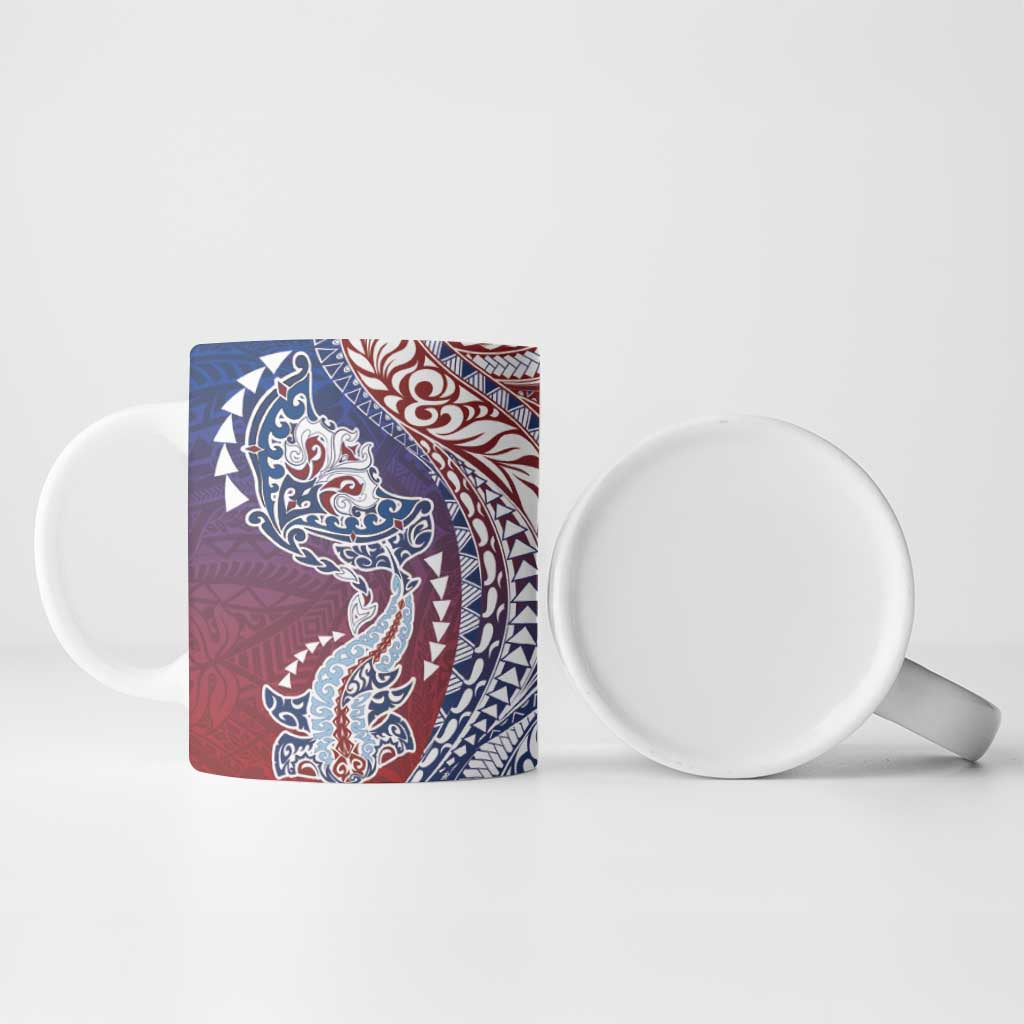Hawaiian Manta Ray and Hammerhead Shark Tribal Tattoo Ceramic Mug with Polynesian Tribal Pattern Hawaii Flag Color LT03 - Polynesian Pride