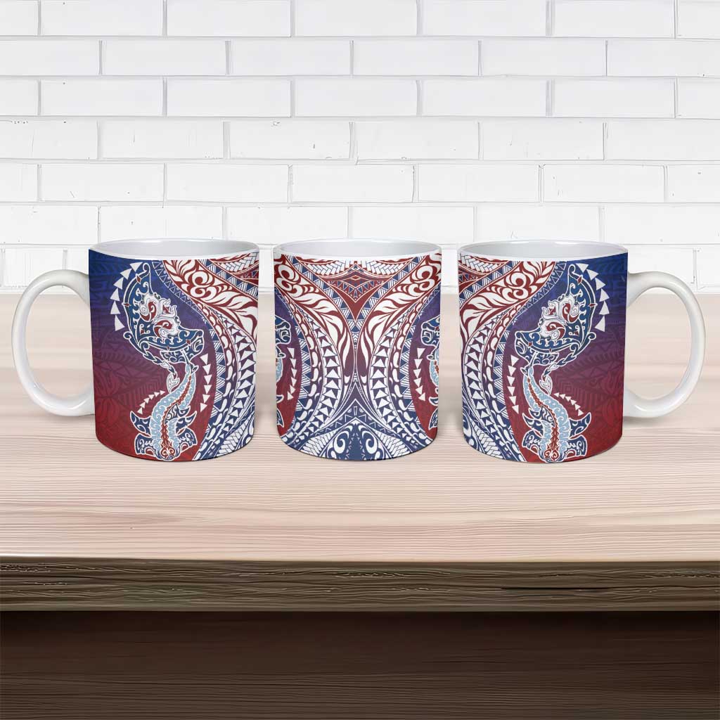 Hawaiian Manta Ray and Hammerhead Shark Tribal Tattoo Ceramic Mug with Polynesian Tribal Pattern Hawaii Flag Color LT03 - Polynesian Pride
