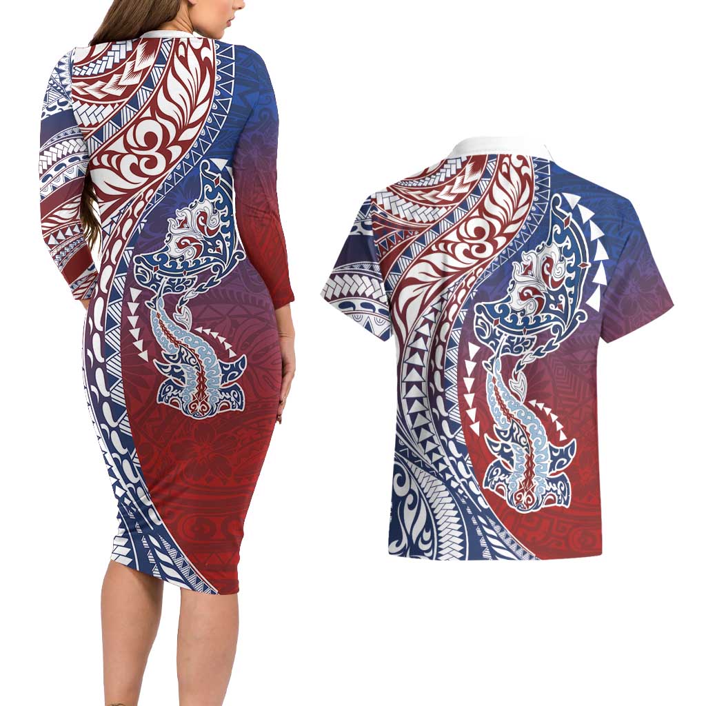 Hawaiian Manta Ray and Hammerhead Shark Tribal Tattoo Couples Matching Long Sleeve Bodycon Dress and Hawaiian Shirt with Polynesian Tribal Pattern Hawaii Flag Color