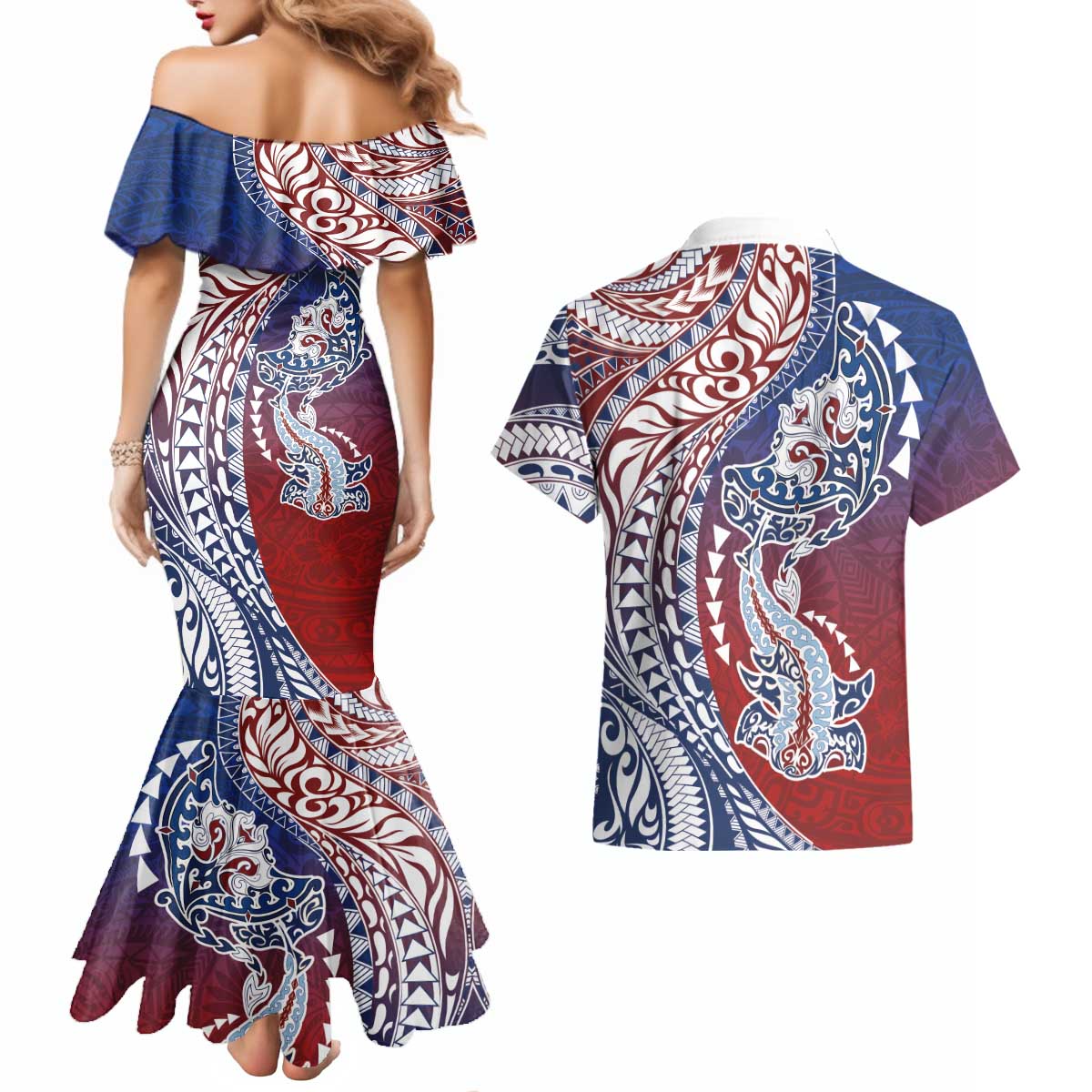 Hawaiian Manta Ray and Hammerhead Shark Tribal Tattoo Couples Matching Mermaid Dress and Hawaiian Shirt with Polynesian Tribal Pattern Hawaii Flag Color