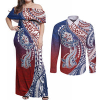 Hawaiian Manta Ray and Hammerhead Shark Tribal Tattoo Couples Matching Off Shoulder Maxi Dress and Long Sleeve Button Shirt with Polynesian Tribal Pattern Hawaii Flag Color