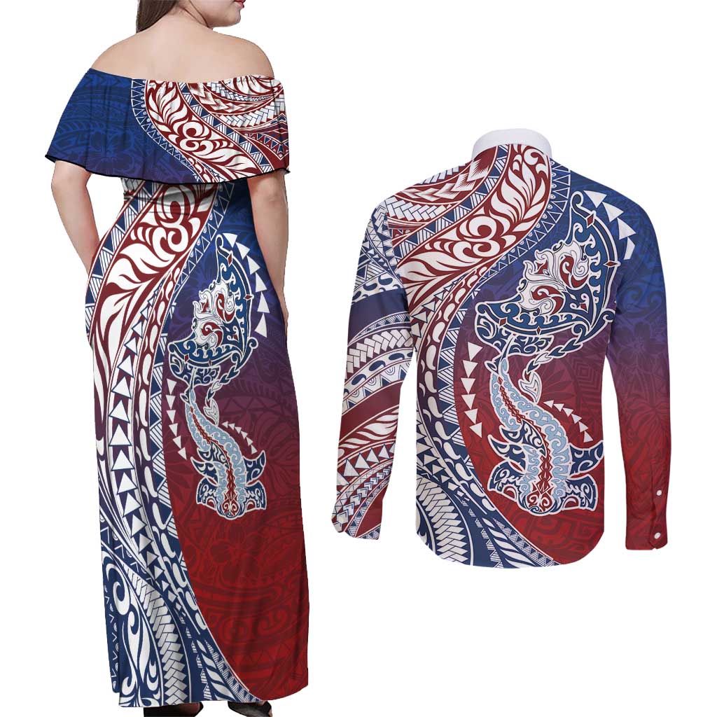Hawaiian Manta Ray and Hammerhead Shark Tribal Tattoo Couples Matching Off Shoulder Maxi Dress and Long Sleeve Button Shirt with Polynesian Tribal Pattern Hawaii Flag Color