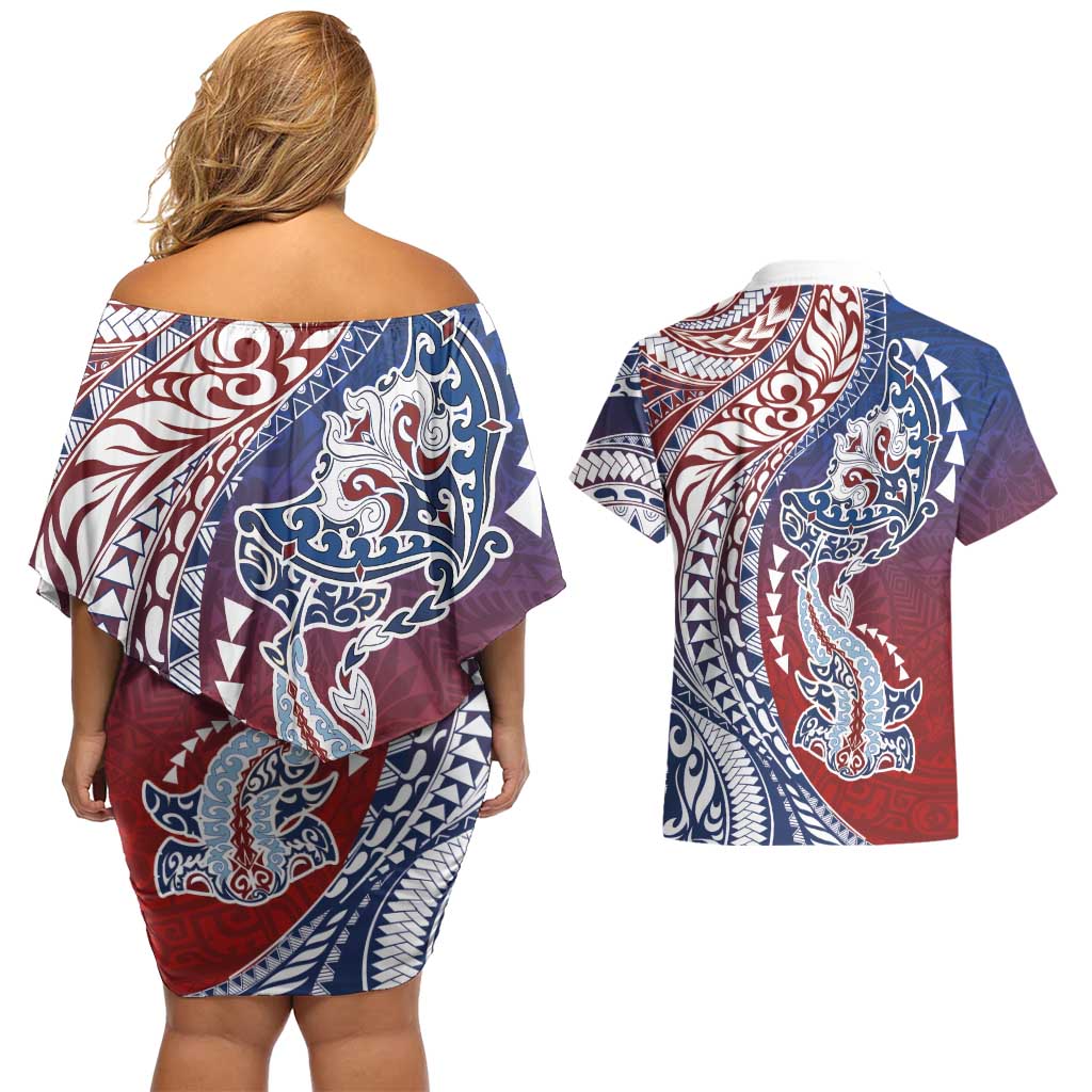 Hawaiian Manta Ray and Hammerhead Shark Tribal Tattoo Couples Matching Off Shoulder Short Dress and Hawaiian Shirt with Polynesian Tribal Pattern Hawaii Flag Color