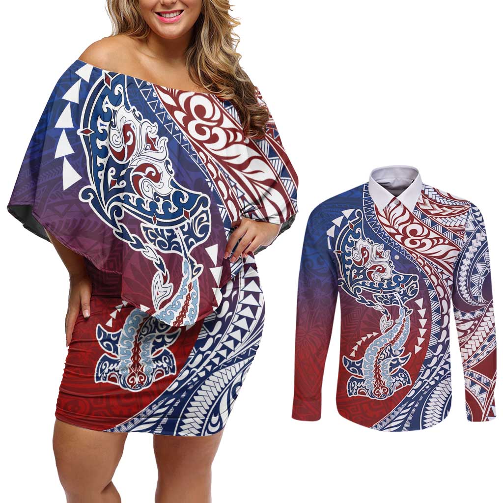 Hawaiian Manta Ray and Hammerhead Shark Tribal Tattoo Couples Matching Off Shoulder Short Dress and Long Sleeve Button Shirt with Polynesian Tribal Pattern Hawaii Flag Color