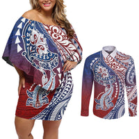 Hawaiian Manta Ray and Hammerhead Shark Tribal Tattoo Couples Matching Off Shoulder Short Dress and Long Sleeve Button Shirt with Polynesian Tribal Pattern Hawaii Flag Color