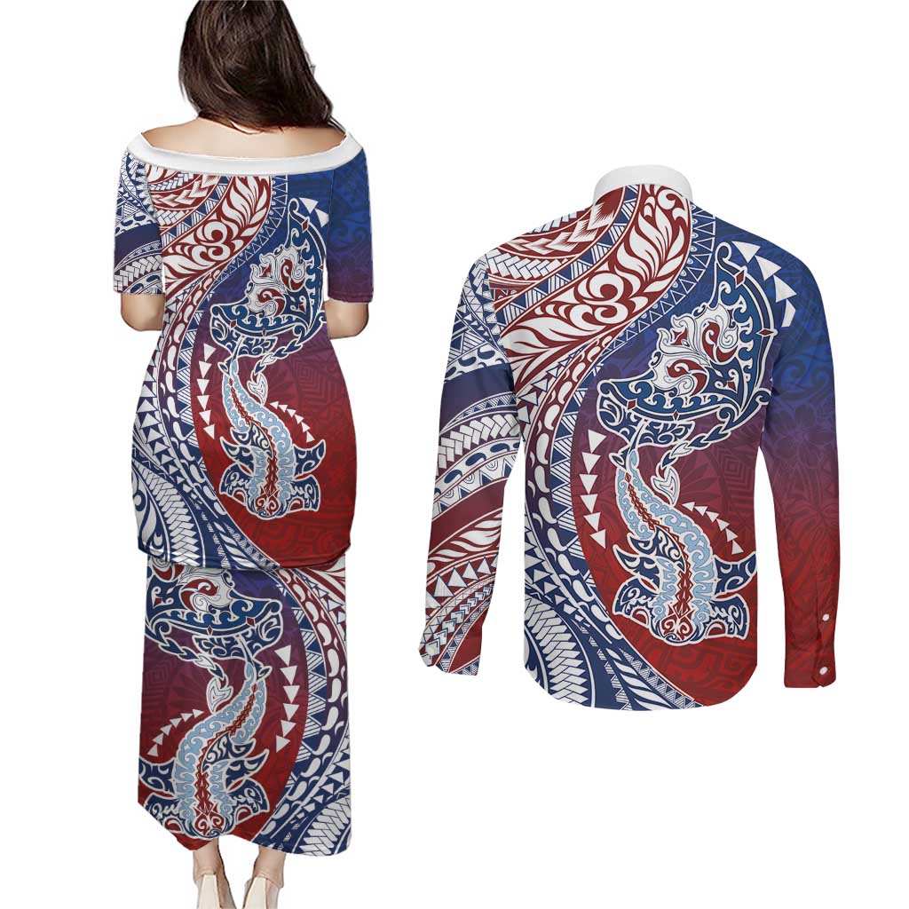 Hawaiian Manta Ray and Hammerhead Shark Tribal Tattoo Couples Matching Puletasi and Long Sleeve Button Shirt with Polynesian Tribal Pattern Hawaii Flag Color