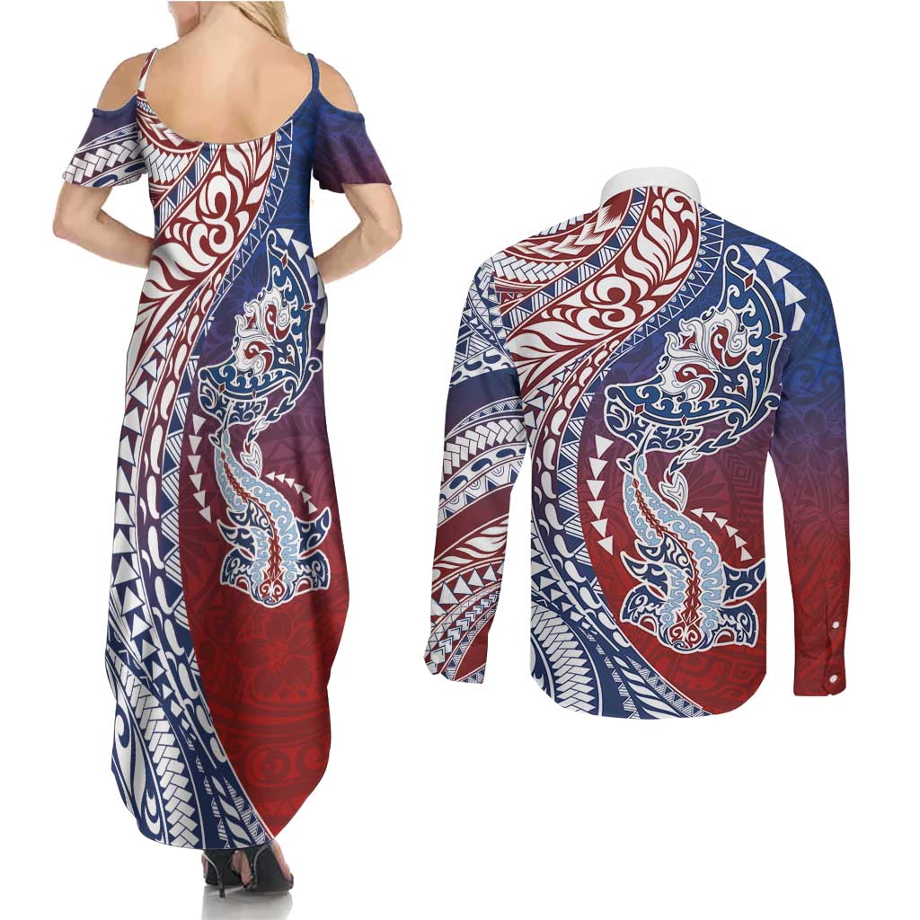 Hawaiian Manta Ray and Hammerhead Shark Tribal Tattoo Couples Matching Summer Maxi Dress and Long Sleeve Button Shirt with Polynesian Tribal Pattern Hawaii Flag Color