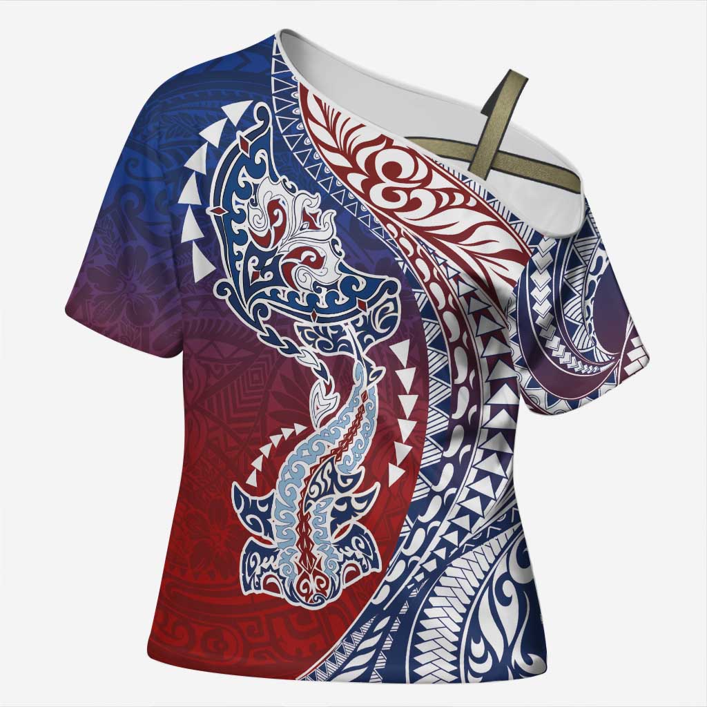 Hawaiian Manta Ray and Hammerhead Shark Tribal Tattoo Cross Shoulder Shirt with Polynesian Tribal Pattern Hawaii Flag Color LT03 Female Multicolor - Polynesian Pride