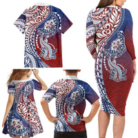 Hawaiian Manta Ray and Hammerhead Shark Tribal Tattoo Family Matching Long Sleeve Bodycon Dress and Hawaiian Shirt with Polynesian Tribal Pattern Hawaii Flag Color
