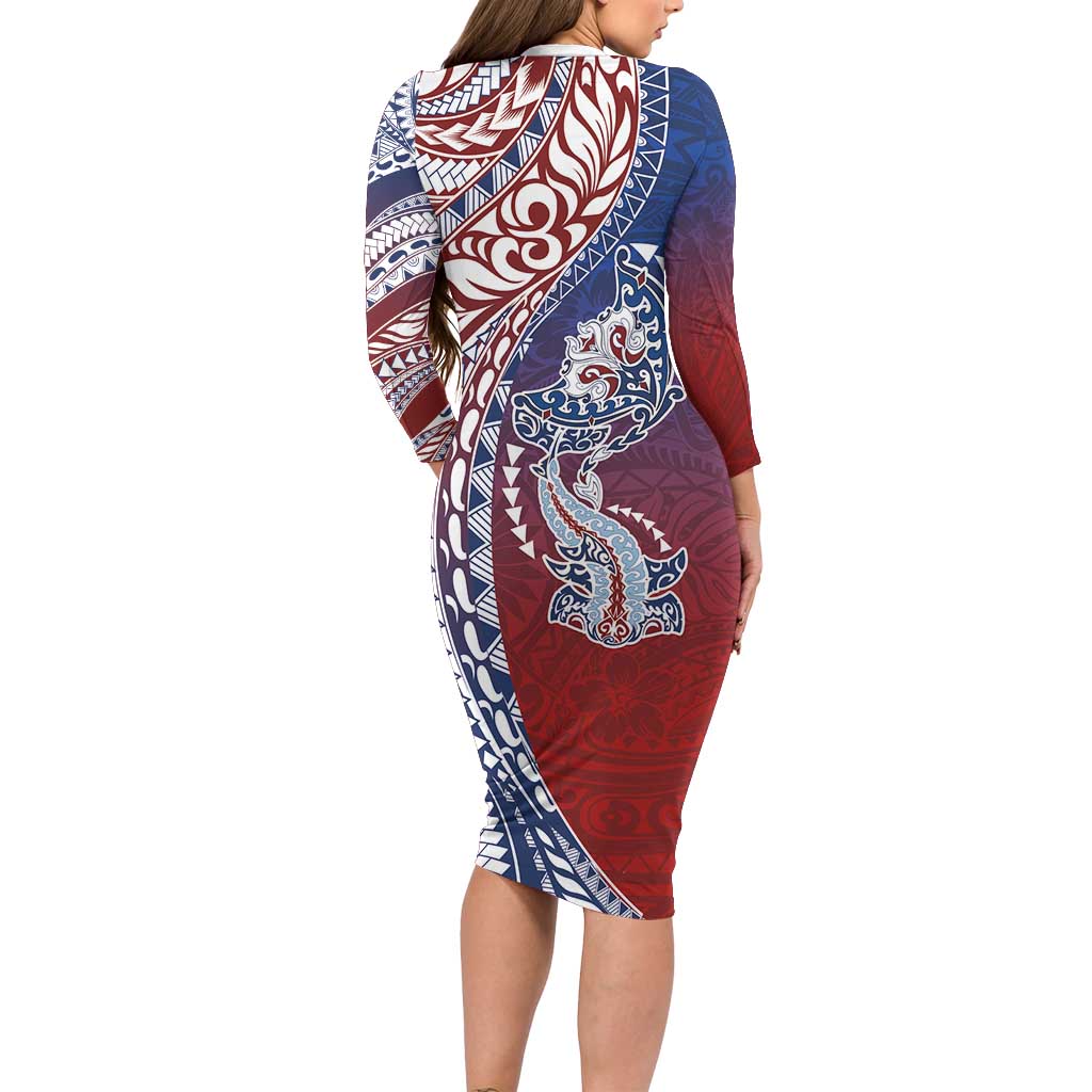 Hawaiian Manta Ray and Hammerhead Shark Tribal Tattoo Family Matching Long Sleeve Bodycon Dress and Hawaiian Shirt with Polynesian Tribal Pattern Hawaii Flag Color