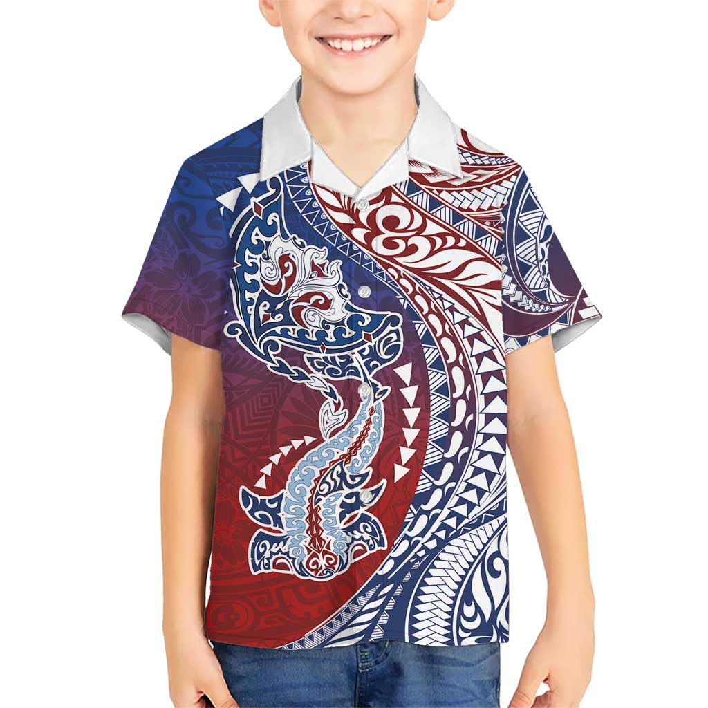 Hawaiian Manta Ray and Hammerhead Shark Tribal Tattoo Family Matching Long Sleeve Bodycon Dress and Hawaiian Shirt with Polynesian Tribal Pattern Hawaii Flag Color