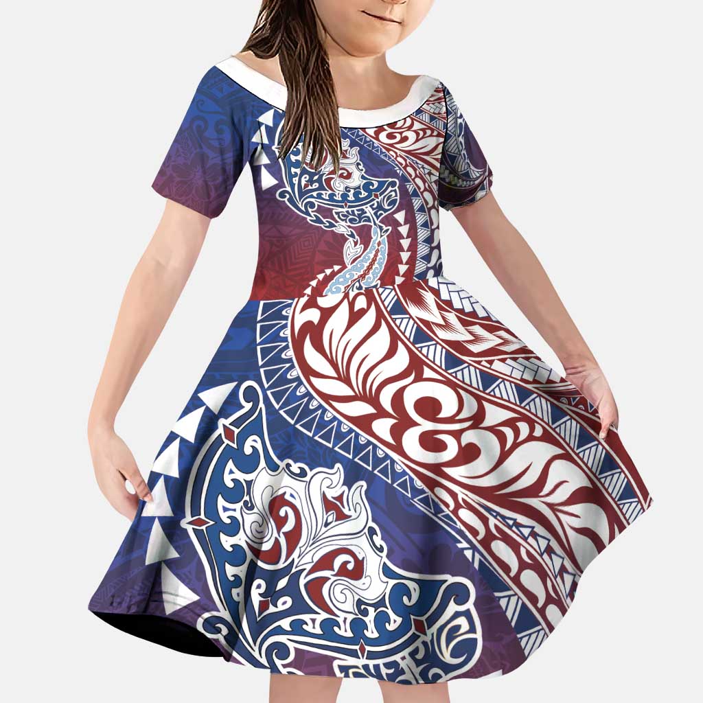 Hawaiian Manta Ray and Hammerhead Shark Tribal Tattoo Family Matching Mermaid Dress and Hawaiian Shirt with Polynesian Tribal Pattern Hawaii Flag Color