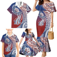 Hawaiian Manta Ray and Hammerhead Shark Tribal Tattoo Family Matching Mermaid Dress and Hawaiian Shirt with Polynesian Tribal Pattern Hawaii Flag Color