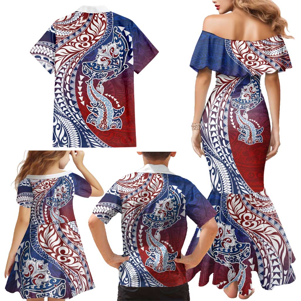Hawaiian Manta Ray and Hammerhead Shark Tribal Tattoo Family Matching Mermaid Dress and Hawaiian Shirt with Polynesian Tribal Pattern Hawaii Flag Color