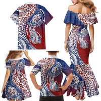 Hawaiian Manta Ray and Hammerhead Shark Tribal Tattoo Family Matching Mermaid Dress and Hawaiian Shirt with Polynesian Tribal Pattern Hawaii Flag Color